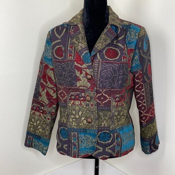 Vintage ELCC Patchwork Brocade Tapestry Button Front Blazer size M - Picture 1 of 13